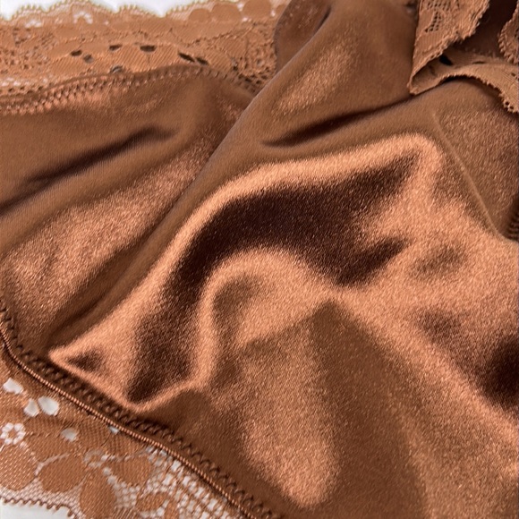 LAST PAIR! Silky Glossy Satin Lace Trim Chocolate Brown Cheeky Panty Sz S NWT - Picture 5 of 17